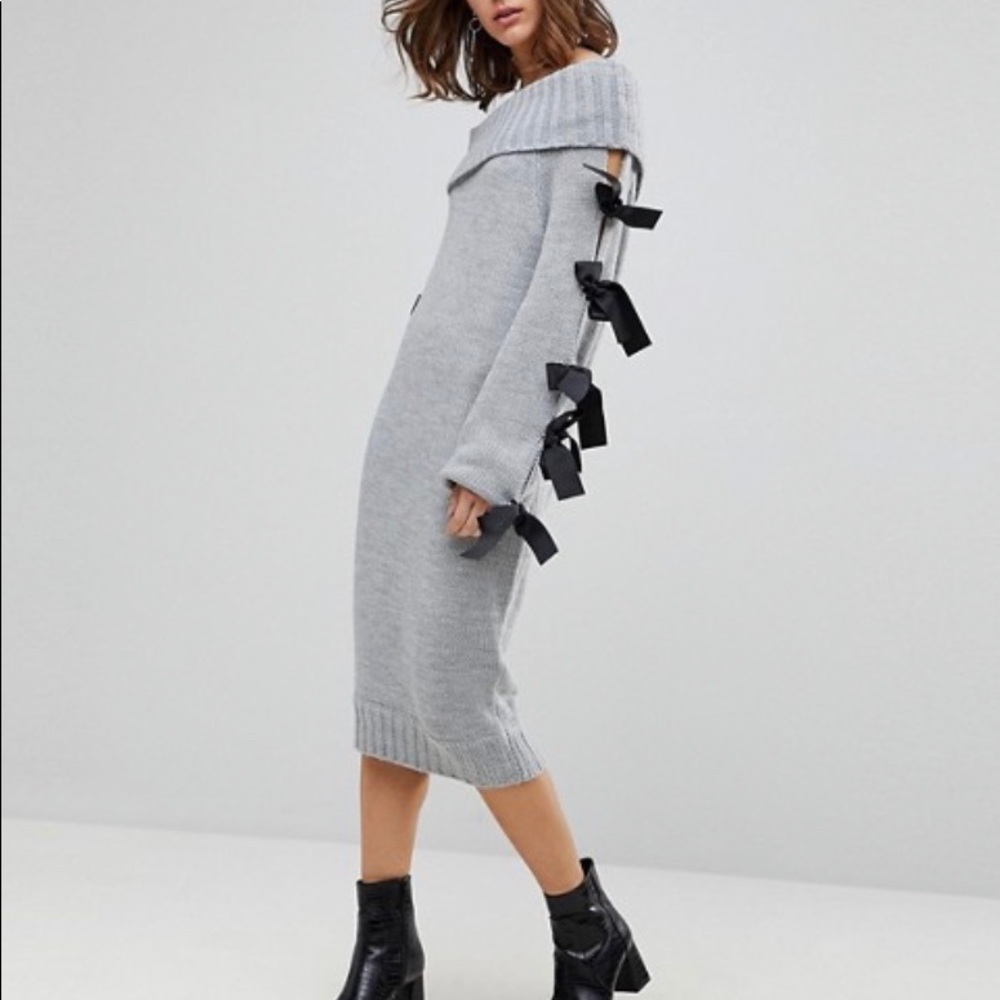 Off-the-shoulder sweater dress with ribbon ties